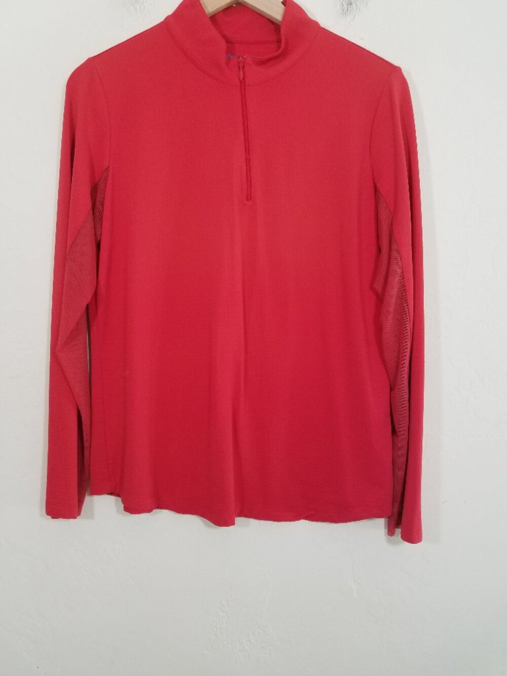 IBKUL Pullover Long Sleeve Shirt Top Red Mesh Sleeves Stretchy Size L
